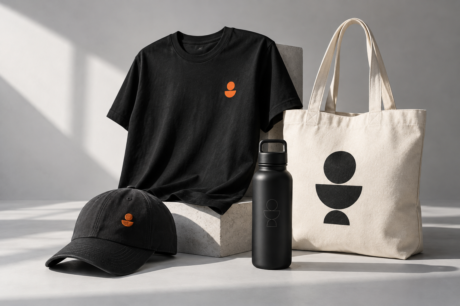 Illustrative collection of a printed T-shirt, canvas tote, embroidered cap and engraved bottle